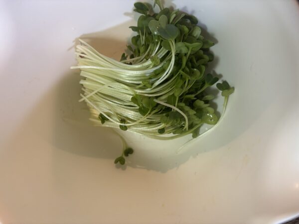 かいわれ大根の根元を切り落として下ごしらえをする様子